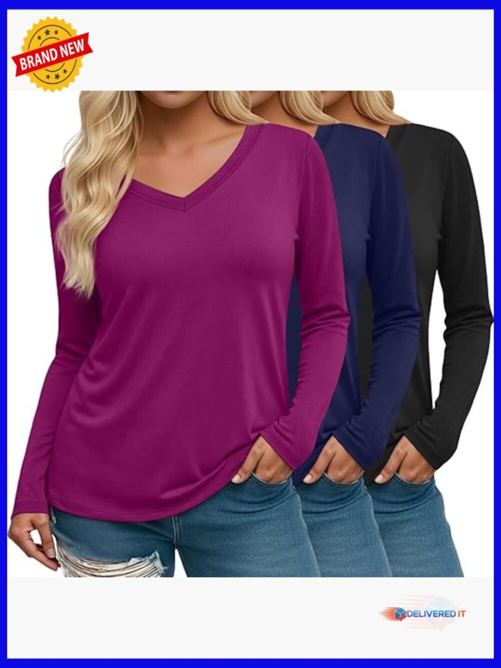 3 Pack Plus Size V Neck Long Sleeve Tunic Tops Loose Fit Basic Tees